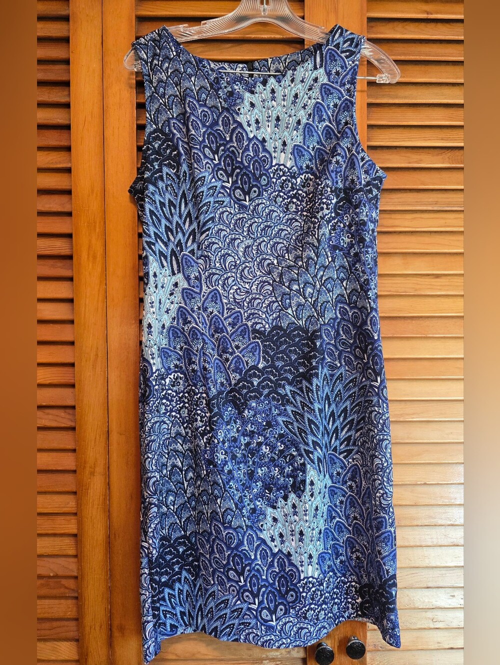 Connected Apparel Blue Peacock Feather Print Sheath Dress Size 10 Knee Length